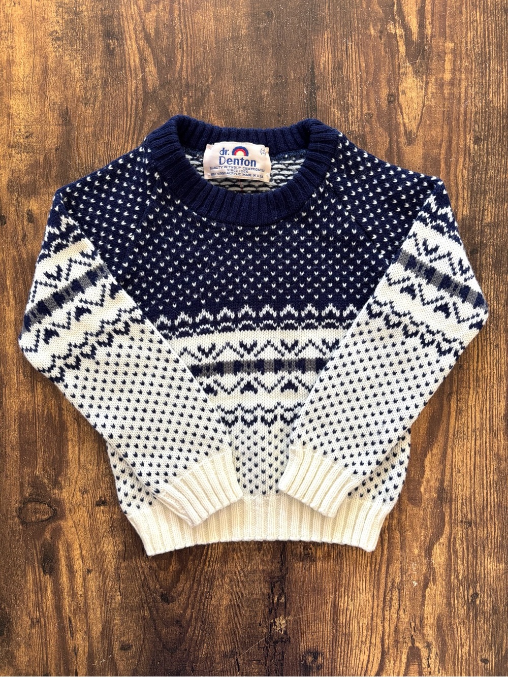 Vintage Dr Denton Kids Fair Isle Sweater Navy Blue Cream Knit Made in USA Size 3